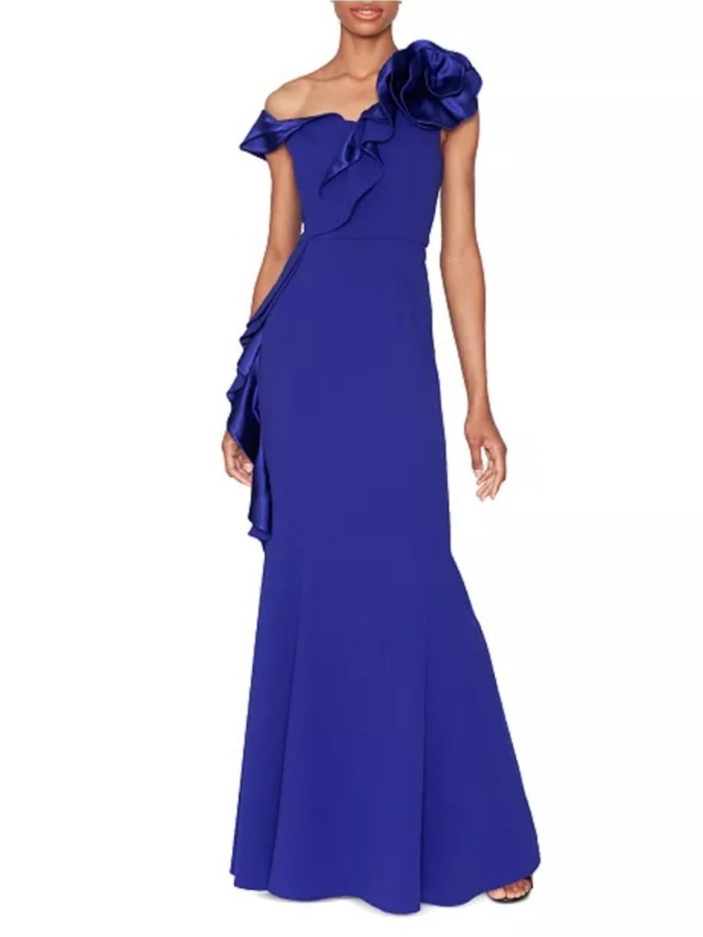 One-Shoulder Royal Blue Maxi Gown with Floral Accent